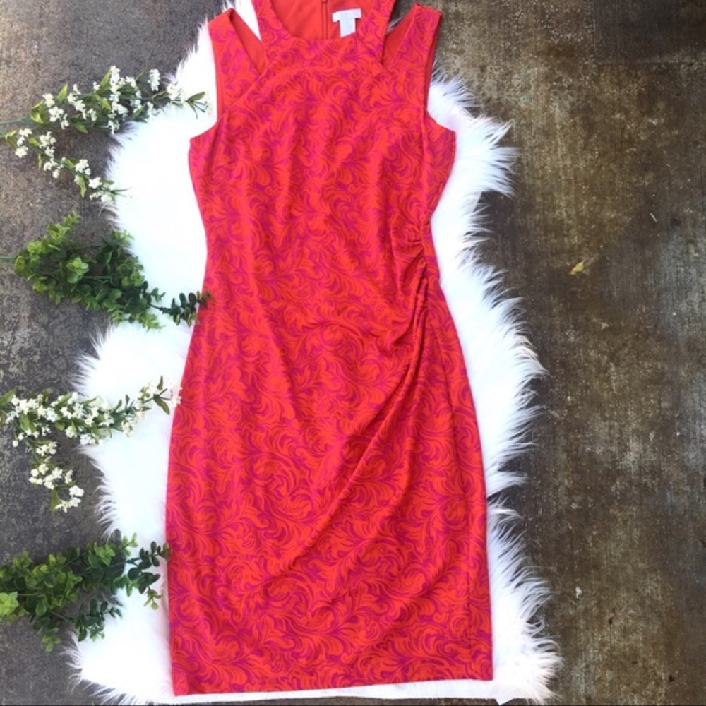 Cache Coral Pink Floral Design Ruched Dress